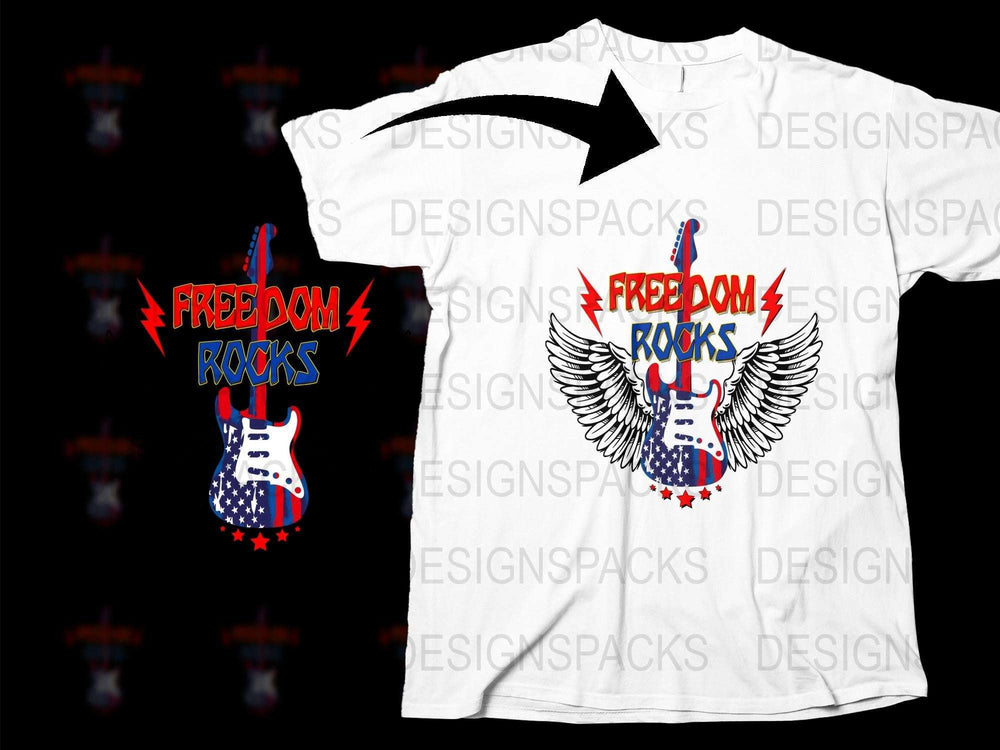 Freedom Rocks Graphic T-Shirt, Patriotic Eagle Guitar Design, White Unisex Tee, Music Festival Apparel