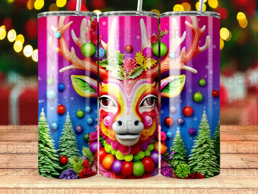 Colorful reindeer with festive ornaments and pine trees, on a tumbler.
