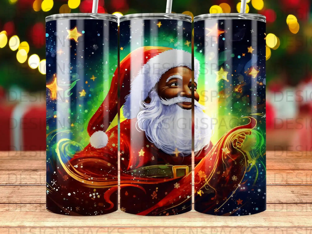 Santa Claus with a warm smile wearing a red and gold robe, surrounded by stars.