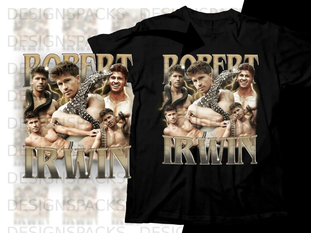 Robert Irwin portrait with snake on black t-shirt design.