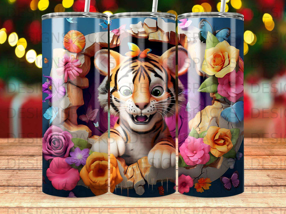 Tiger peeking through cracked stone wall surrounded by colorful flowers and butterflies.