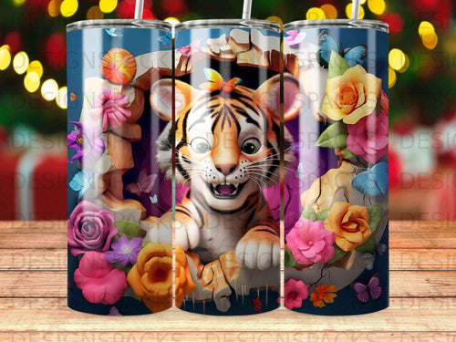 Tiger peeking through cracked stone wall surrounded by colorful flowers and butterflies.