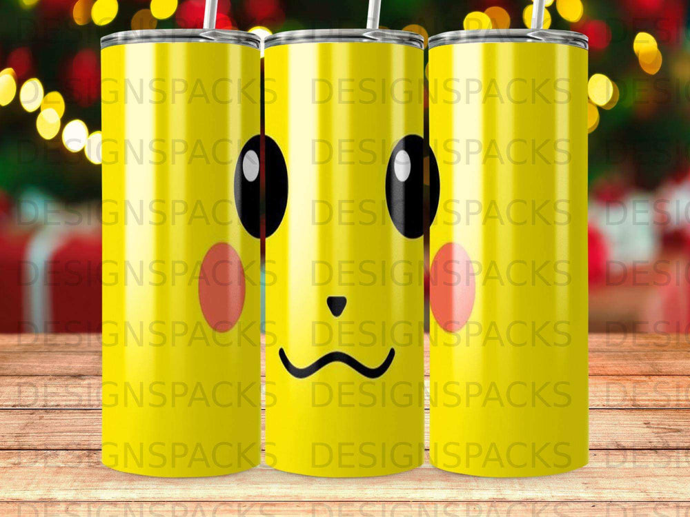 Three yellow tumblers with Pikachu faces and "DESIGNSPACKS" repeated.