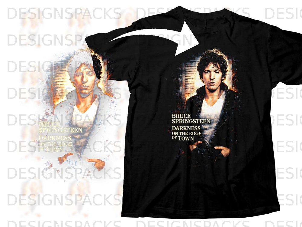 Black t-shirt featuring Bruce Springsteen with "Darkness on the Edge of Town" text.