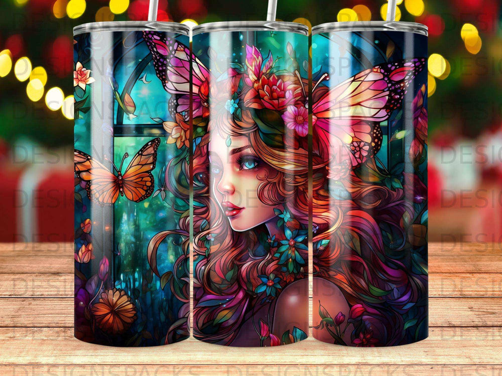 Woman with butterfly wings and colorful, flowing hair in a mystical forest.