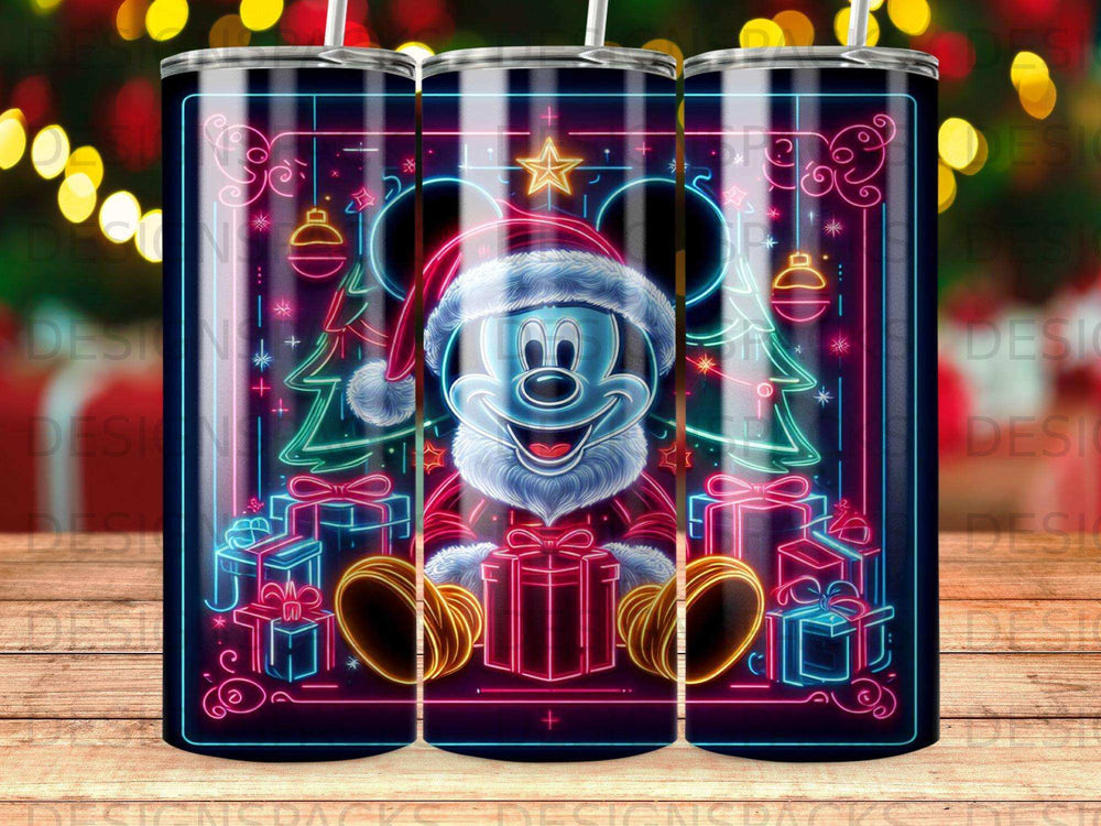 Mickey Mouse in Santa hat holding gift, surrounded by neon Christmas lights and presents.
