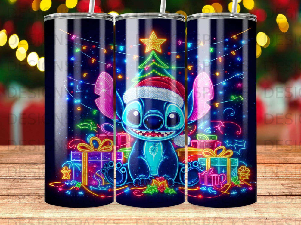 Stitch in Santa hat surrounded by presents and Christmas lights.