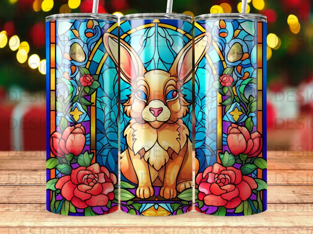 Stained glass rabbit with red roses, framed by blue and yellow window panes.