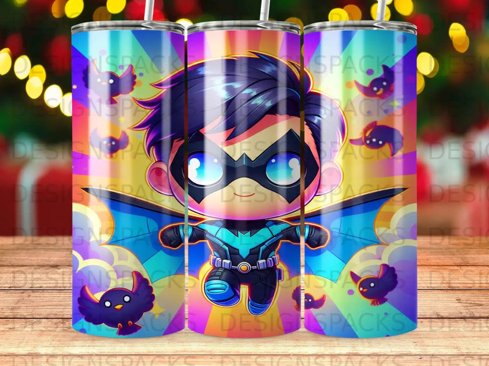 Cartoon superhero boy with blue mask and wings on colorful striped background.