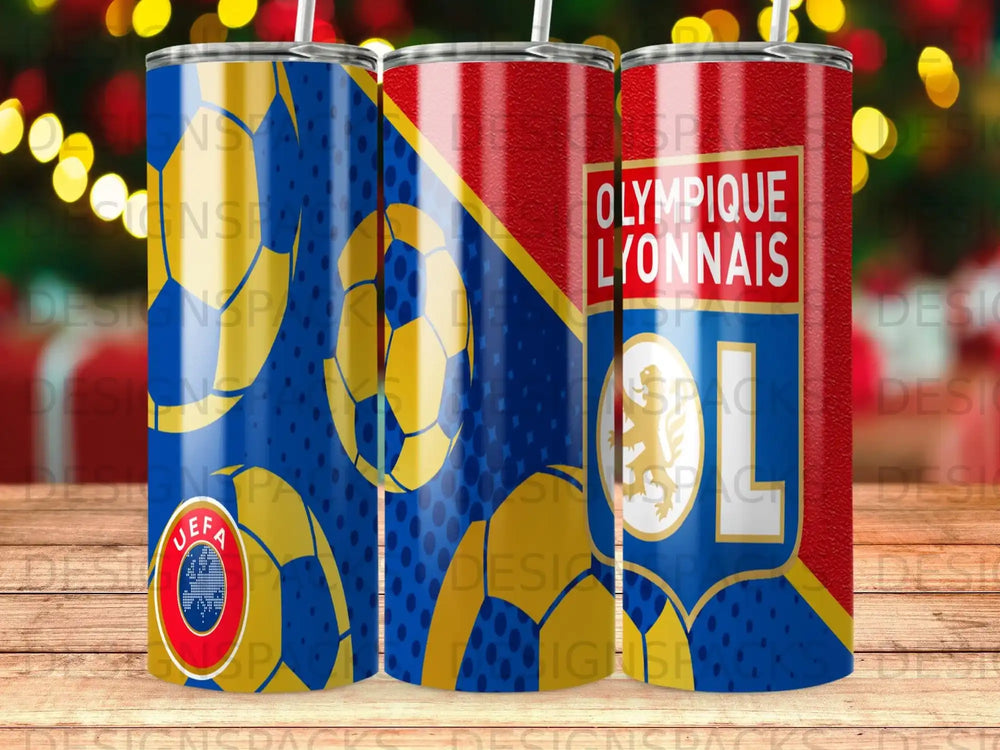 Olympique Lyonnais soccer club logo and crest on a blue and yellow striped tumbler.
