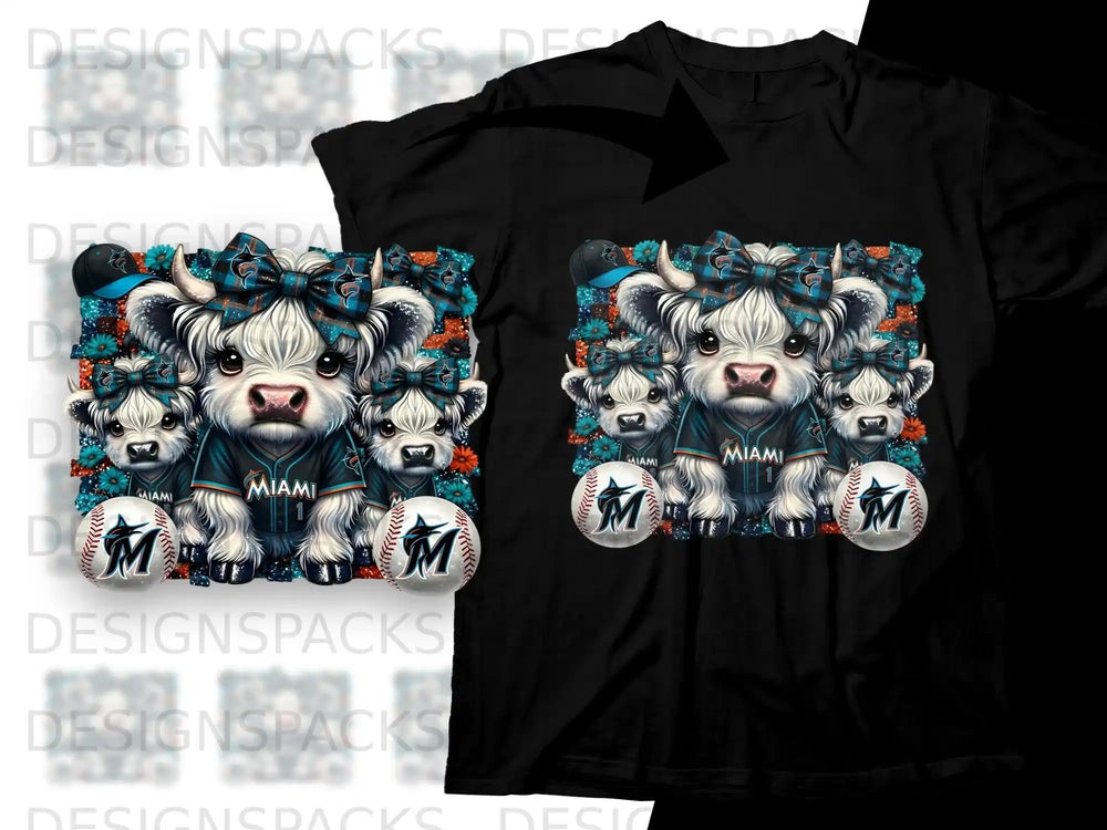 Miami Marlins cows wearing bow ties and baseball caps with baseballs.
