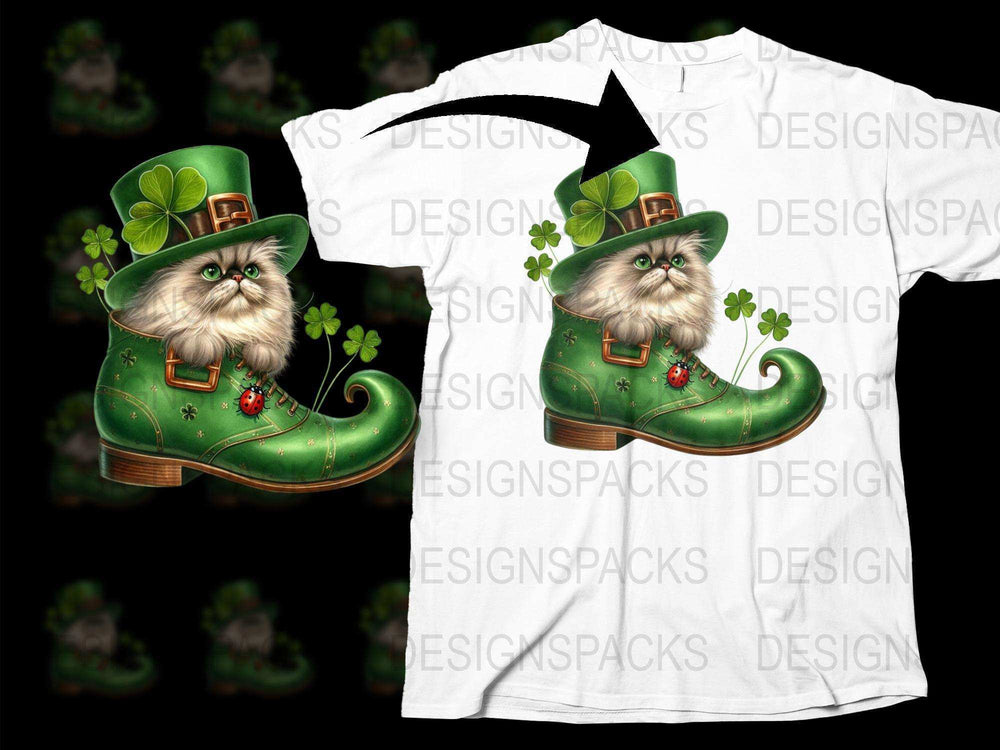 St. Patrick's Day Cat T-Shirt, Green Leprechaun Hat, Lucky Charms, Festive Irish Tee