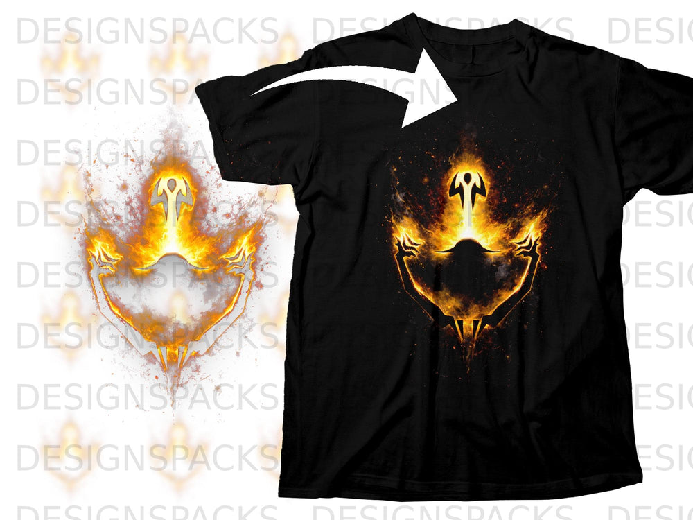 Black t-shirt featuring a fiery, abstract figure with glowing orange and yellow elements.