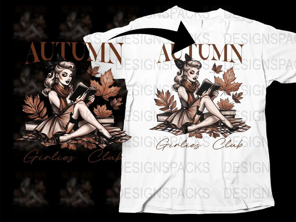 Autumn Pinup Girl T-Shirt, Vintage Style Reading Woman, Fall Leaves Graphic Tee, Unique Fashion Top for Women