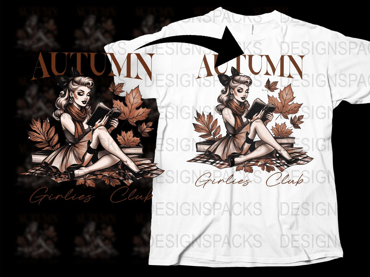 Autumn Pinup Girl T-Shirt, Vintage Style Reading Woman, Fall Leaves Graphic Tee, Unique Fashion Top for Women