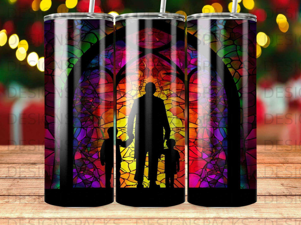 Silhouettes of a parent and two children holding hands in front of stained glass.