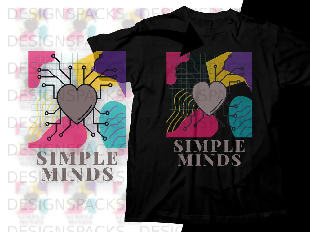Black t-shirt with a heart circuit diagram and "SIMPLE MINDS" text.