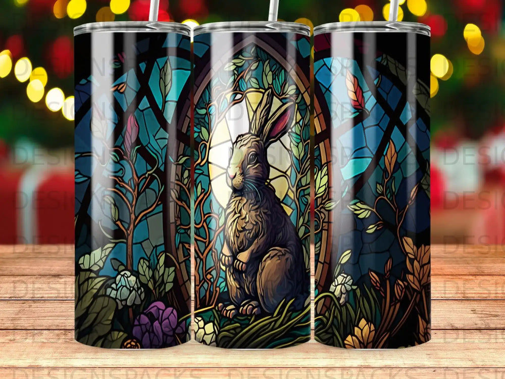 Stained glass bunny in forest scene with moon behind stained glass window.