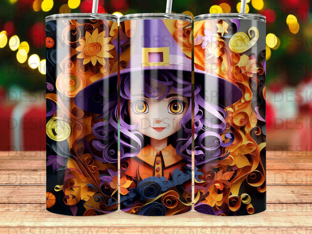 Witch illustration with fall leaves on a tumbler.