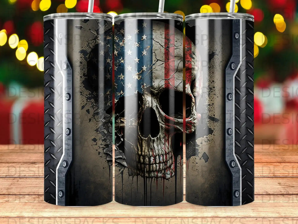 Skull with distressed American flag overlay on a textured tumbler.