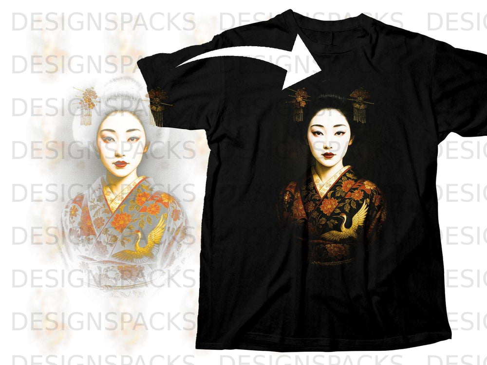 Black t-shirt with a Japanese geisha design featuring a crane and floral motifs.