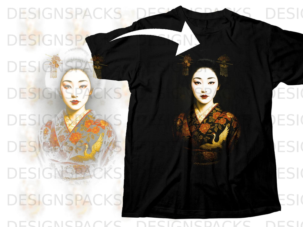 Black t-shirt with a Japanese geisha design featuring a crane and floral motifs.