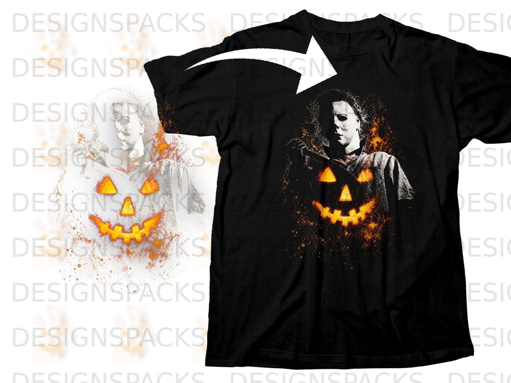 Black t-shirt featuring Michael Myers and a glowing jack-o'-lantern design.