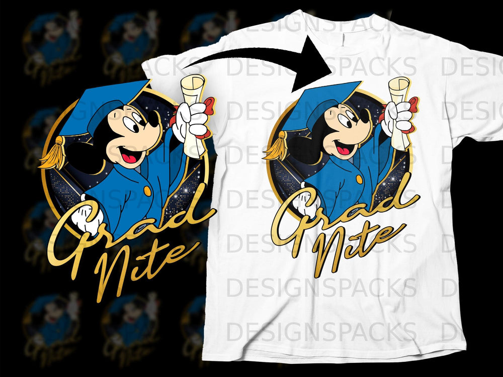 Mickey Mouse in graduation cap and gown holding diploma, with "Grad Nite" text.