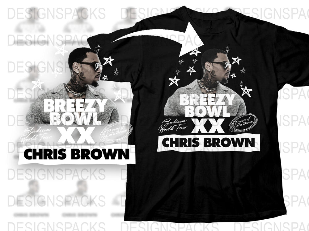 Chris Brown Breezy Bowl XX T-Shirt, Celebrity Graphic Tee, Music Fan Apparel, Unisex Black Shirt with Stars and Signature Design
