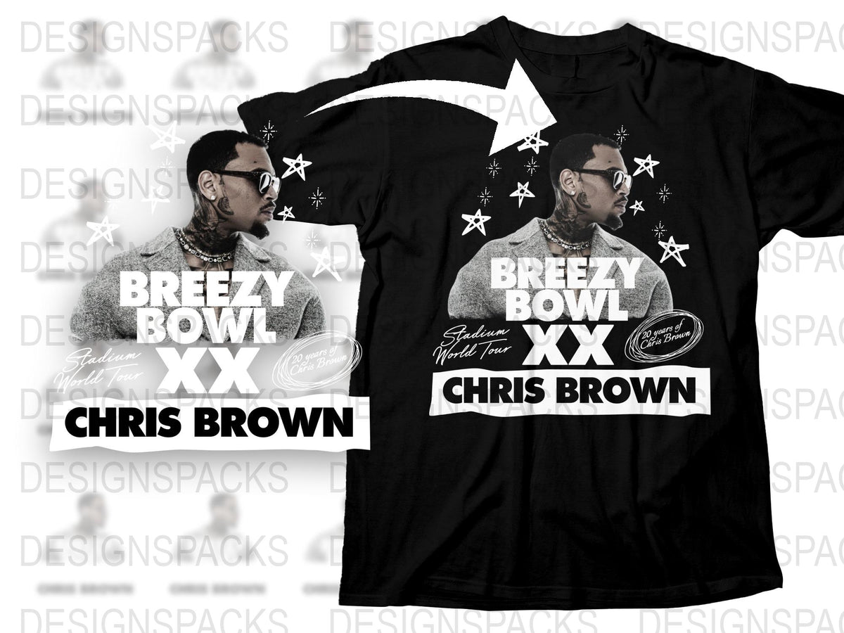 Chris Brown Breezy Bowl XX T-Shirt, Celebrity Graphic Tee, Music Fan Apparel, Unisex Black Shirt with Stars and Signature Design