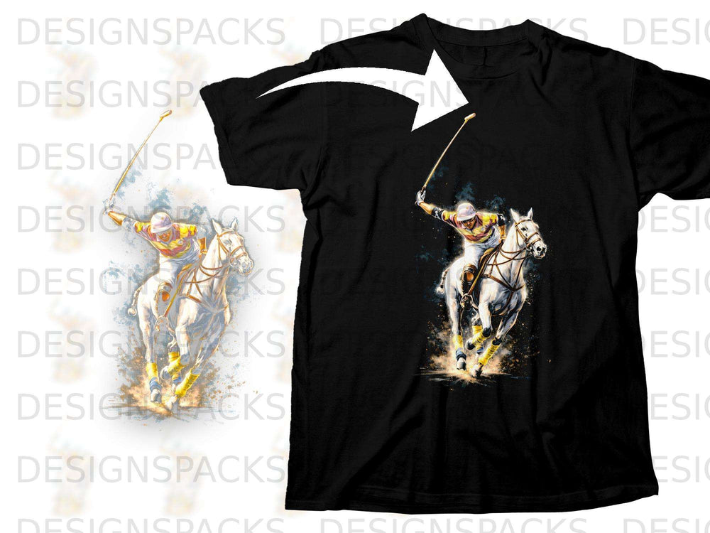 Black t-shirt with dynamic polo player and horse graphic on chest.
