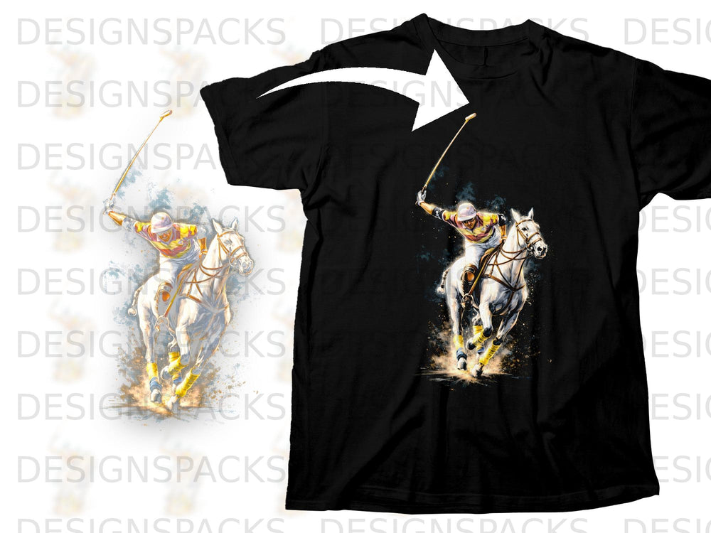 Black t-shirt with dynamic polo player and horse graphic on chest.