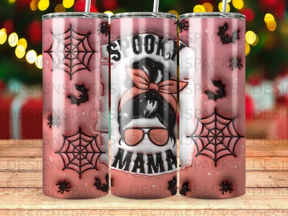 "Spooky Mama" tumbler with spiderwebs and bats, pink and black.