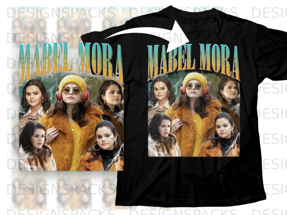Selena Gomez as Mabel Mora with bold text, black t-shirt print.