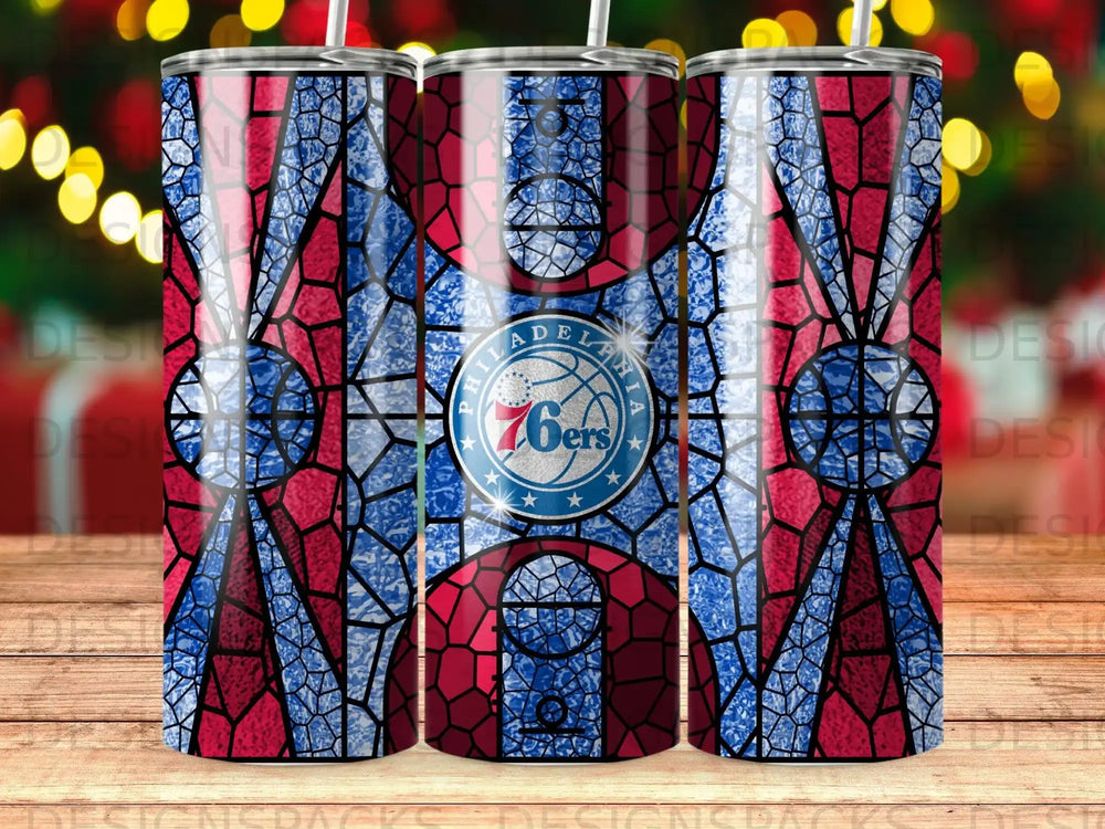 Philadelphia 76ers logo on a stained glass pattern tumbler.