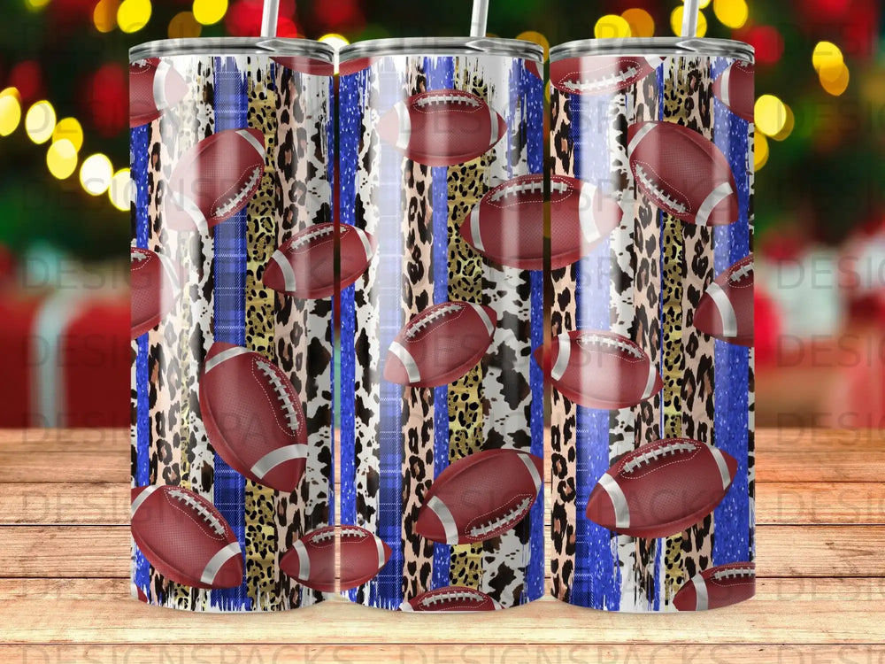 Tumbler with football, leopard print, and blue plaid patterns.
