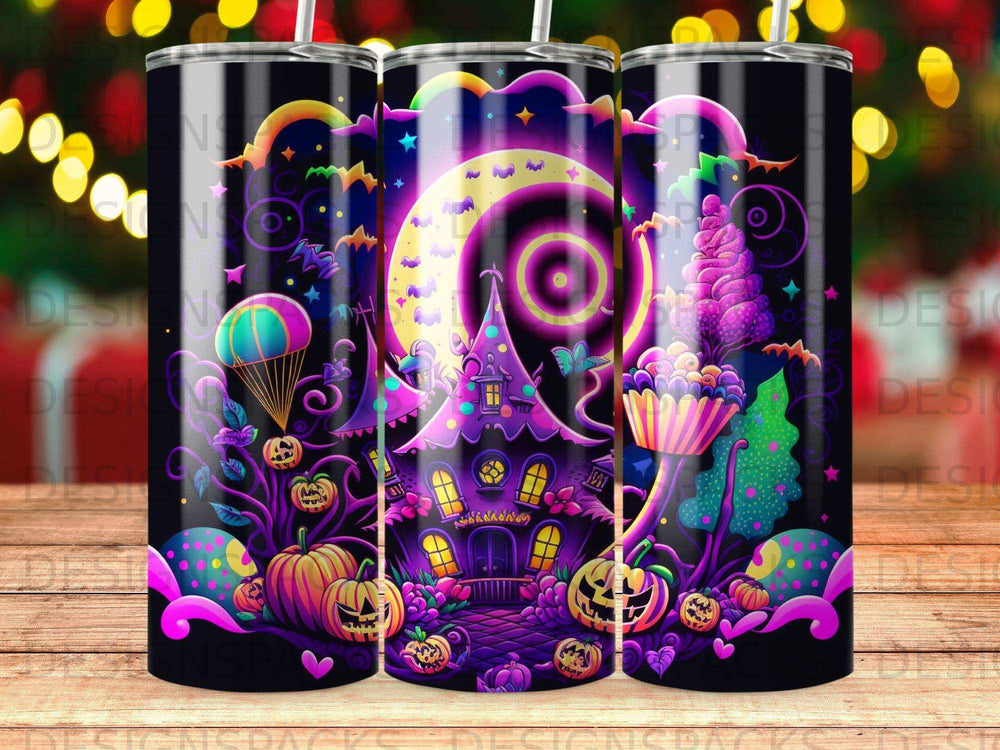 Halloween-themed tumbler with a spooky castle, pumpkins, moon, and whimsical decorations.