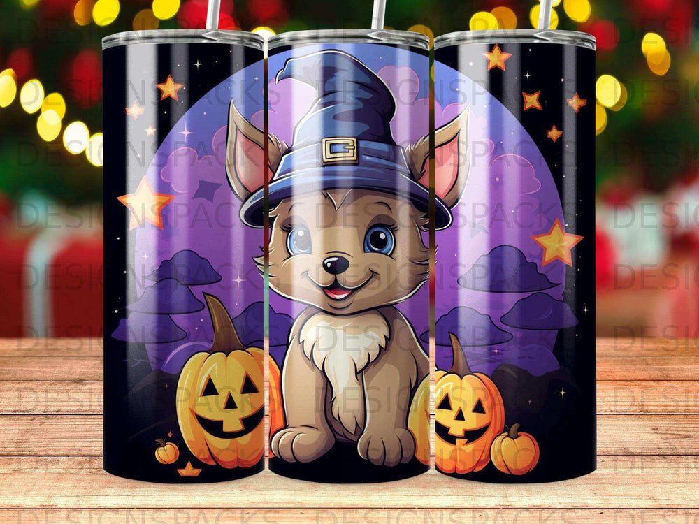 Cute dog in witch hat with pumpkins and stars for Halloween.