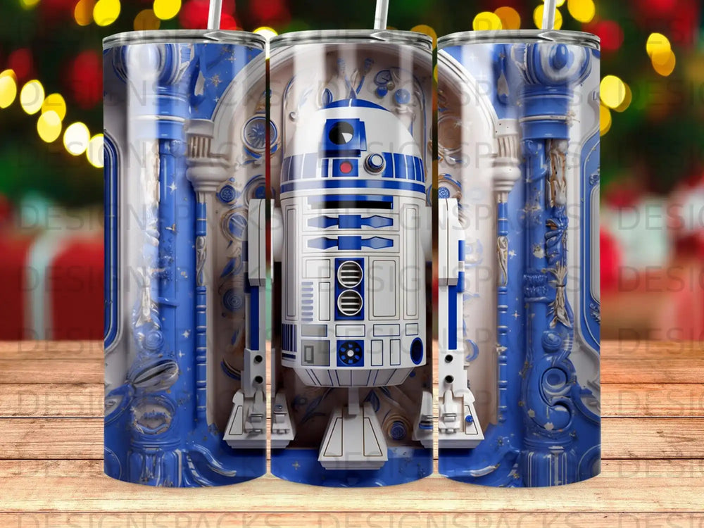 R2-D2 droid design on a blue and white tumbler with ornate background.