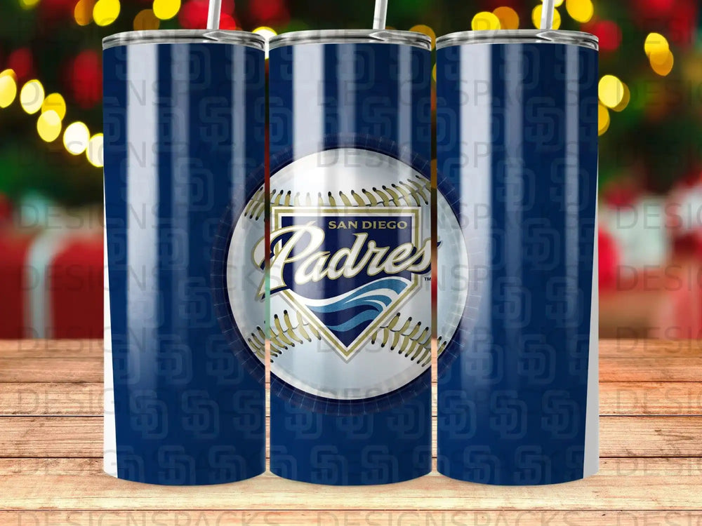 San Diego Padres baseball team logo on a blue striped tumbler.