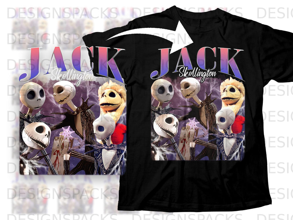 Black t-shirt with "JACK Skellington" graphic featuring multiple Jack Skellington characters.