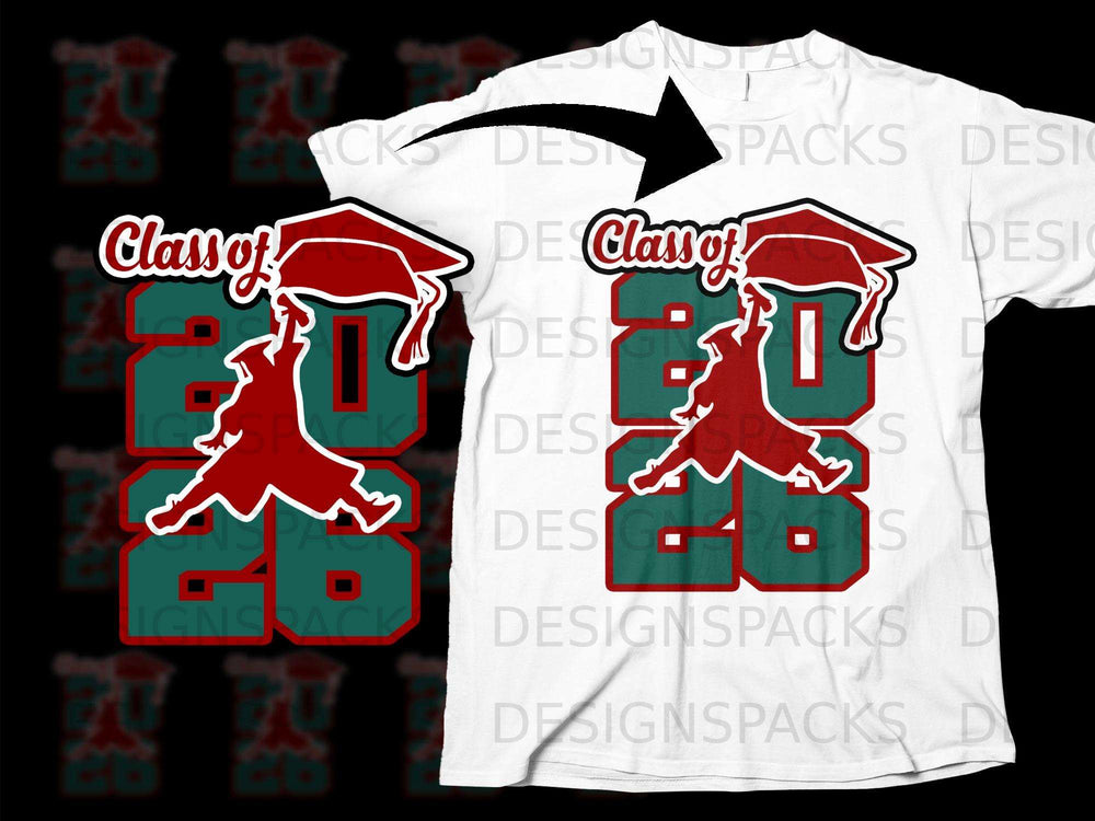 White t-shirt featuring "Class of 2026" design with graduation cap and silhouette.