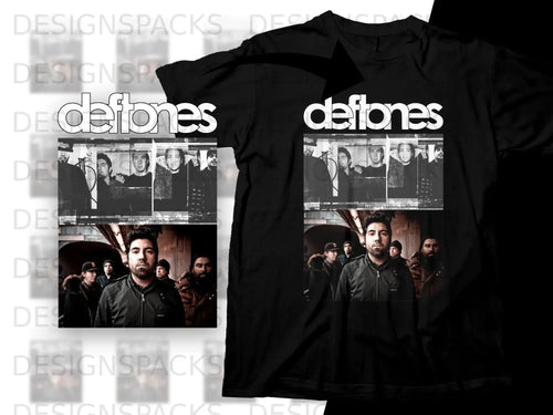Deftones band members pose for a photoshoot on black t-shirts.