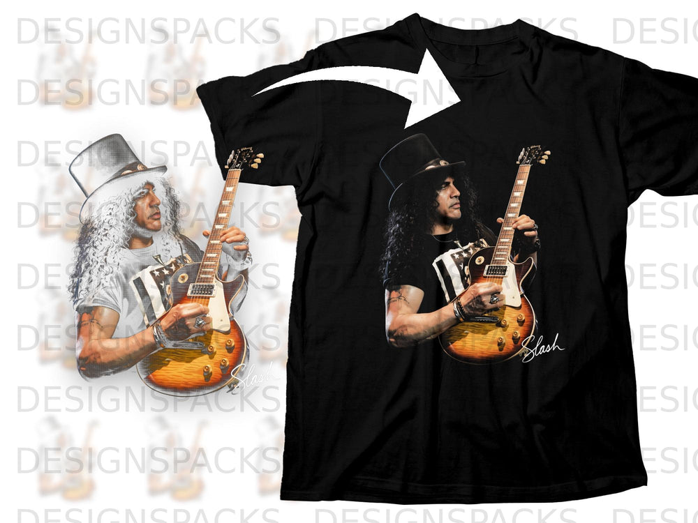 Black t-shirt with graphic of Slash holding a guitar and his signature.