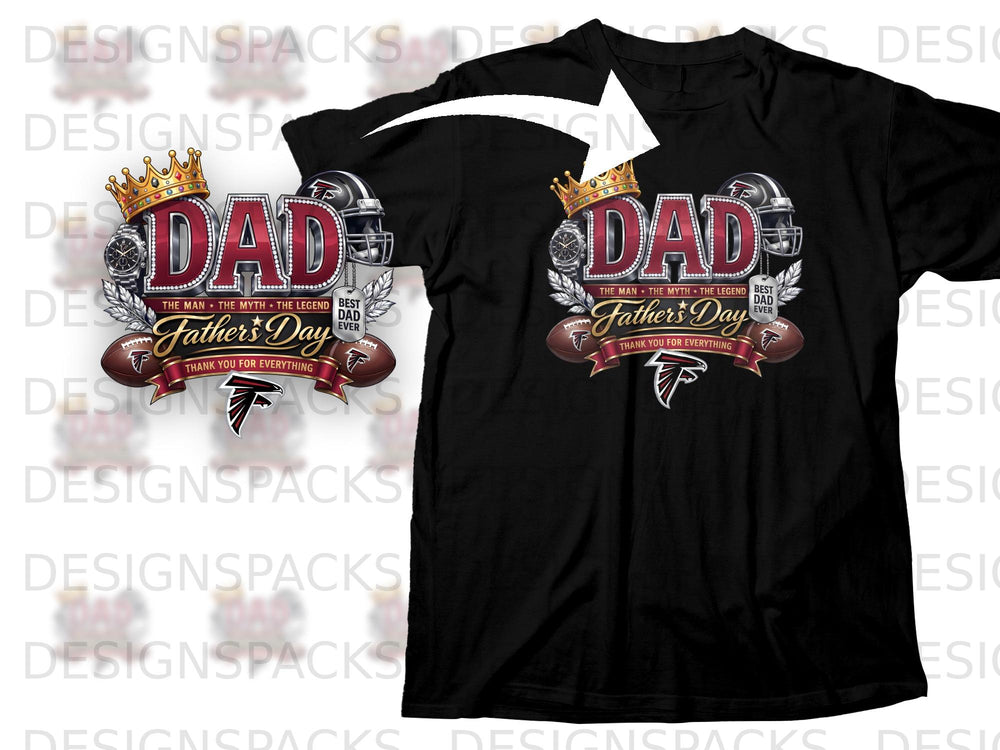 Black t-shirt with "DAD" graphic, crown, watch, helmet, and footballs.