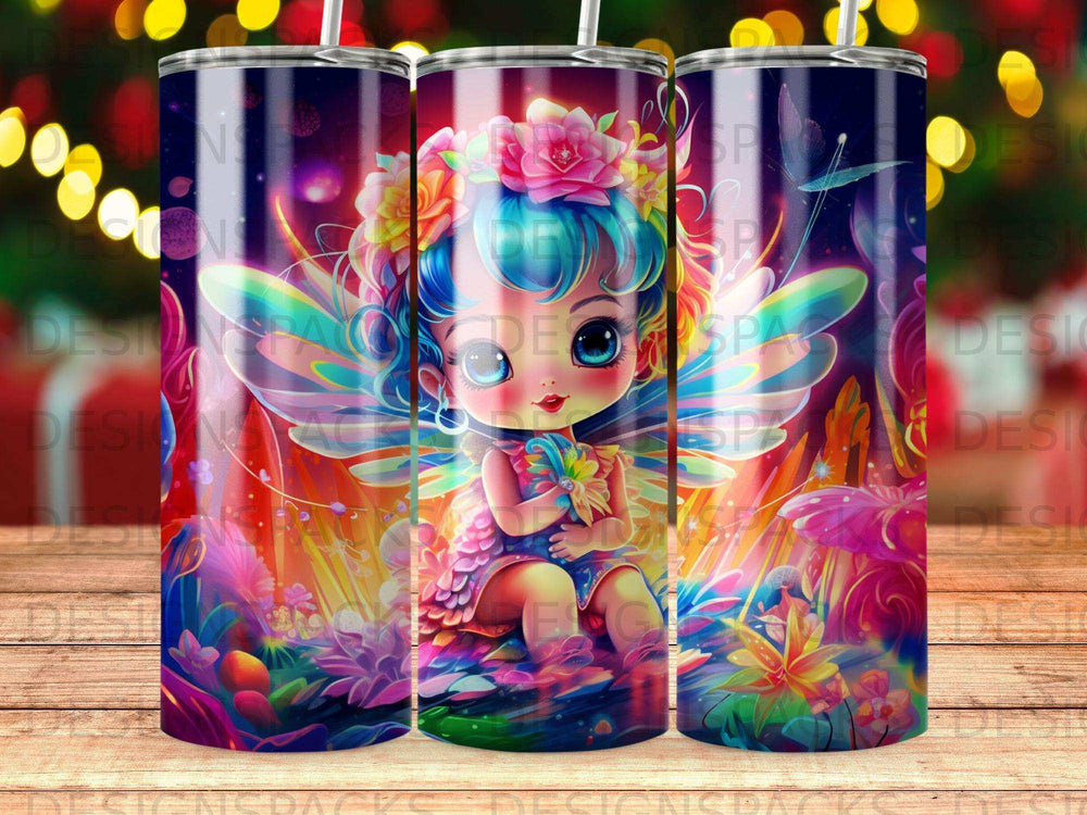 Whimsical fairy character with blue hair, holding a glowing flower in colorful, magical forest.