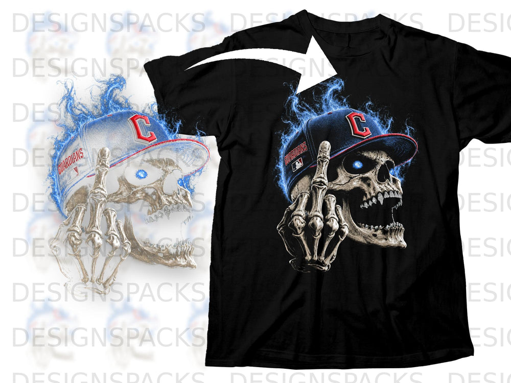 Black t-shirt with a skeleton skull graphic wearing a Guardians baseball cap and surrounded by blue flames.