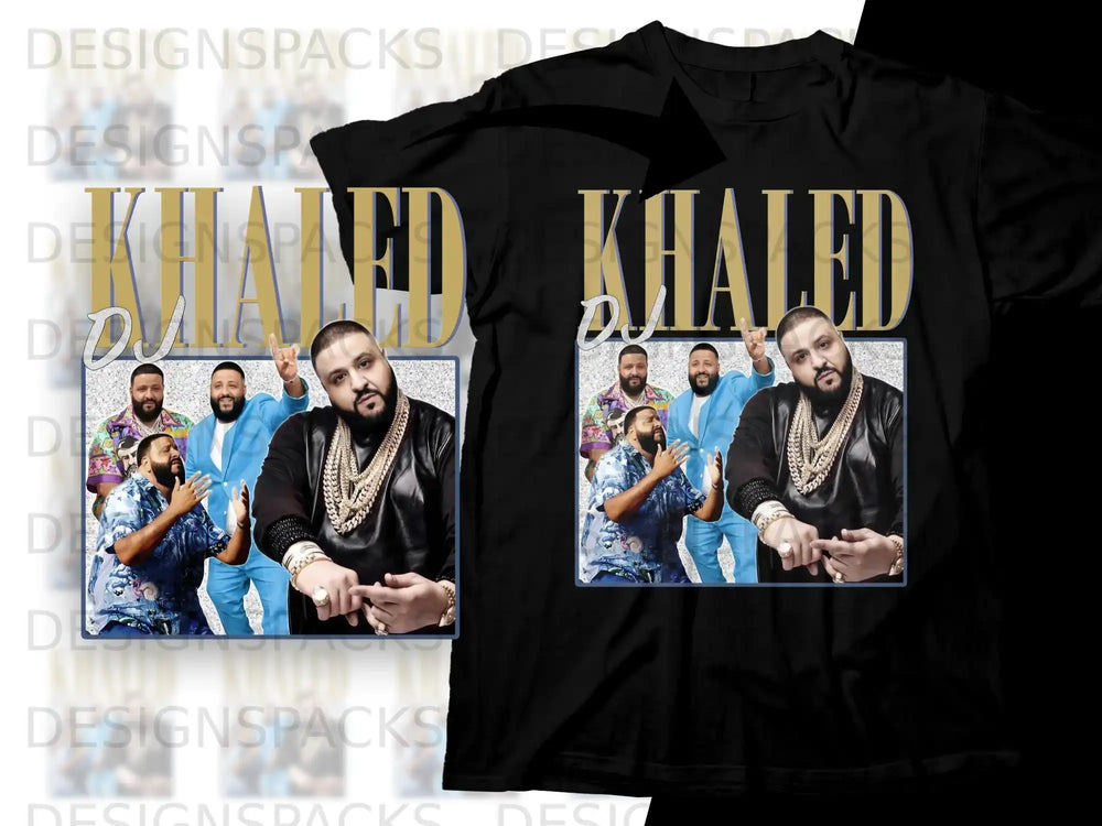 DJ Khaled in a black t-shirt graphic with two different portraits of him.