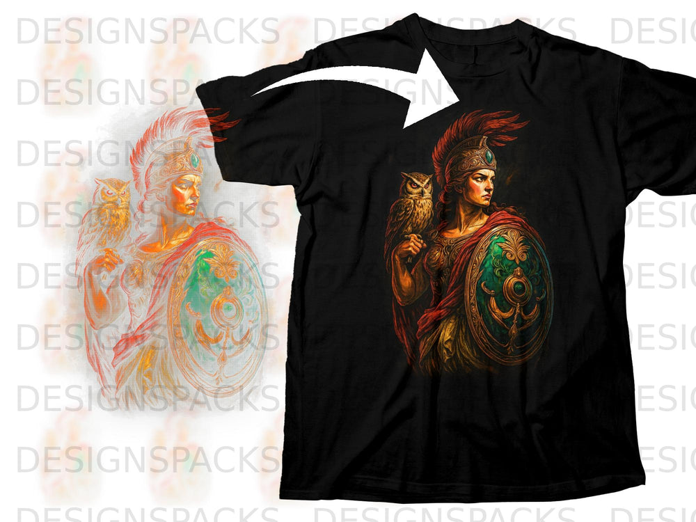 Black t-shirt with a warrior woman and owl graphic, held by an arrow.