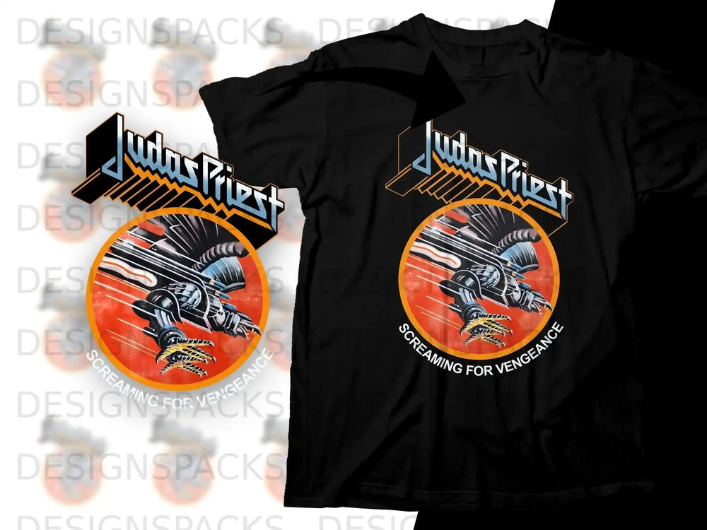 Black t-shirt featuring Judas Priest logo and Screaming for Vengeance artwork.